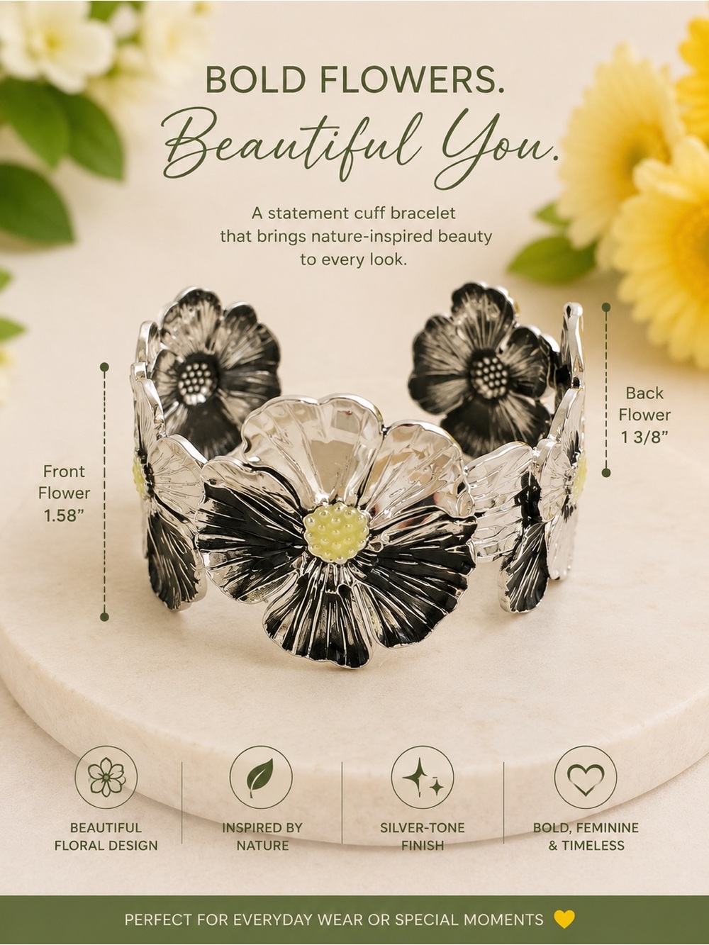 paparazzi Silver-Tone Black & Yellow Floral Cuff Bracelet